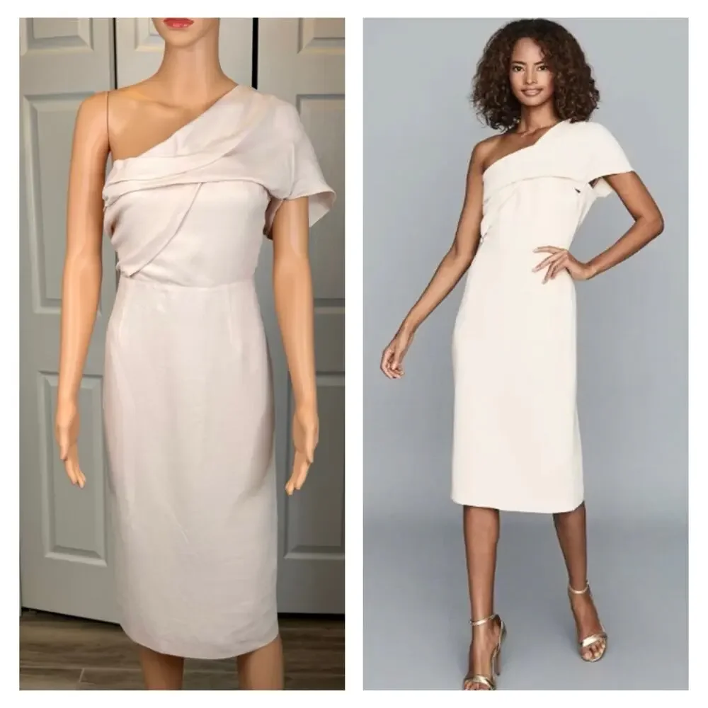 REISS Womens Riana One Shoulder Draped Midi Dress in Pink Cocktail Wedding 2